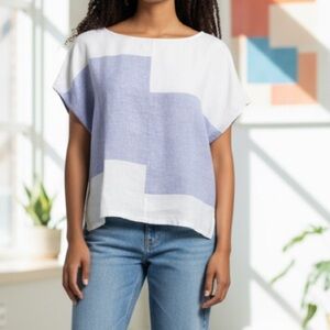 J.Jill Pure Jill XL White blue 100% Linen Tunic Top Color Block Lagenlook